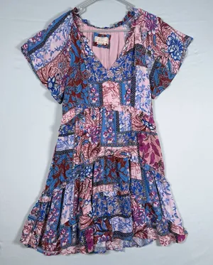 Anthropologie‎ Size-S Robin Mini Dress Blue Pink Paisley Patchwork thumbnail 1
