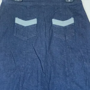 ModCloth Denim Skirt Large High Waisted Button Jean Retro 70s Dark Wash Preppy thumbnail 8