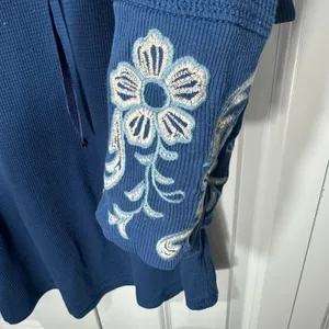 Y2K Panhandle Waffle Knit Thermal Top Womens XL Blue Lace Up‎ Floral Embroidered thumbnail 3
