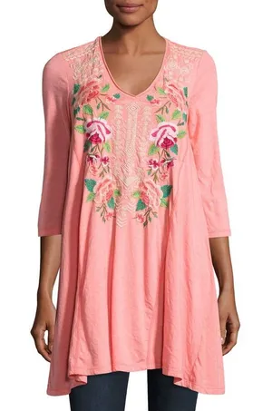 Johnny Was Dorana Floral Embroidered Tunic Top Medium Pink Cottage Boho Chic‎ thumbnail 1