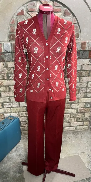 cardigan sweater pant set 1950s floral rust cream thumbnail 1