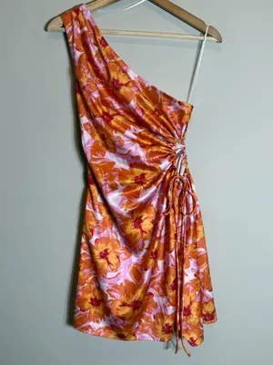Hello Molly Loving That Girl Mini Dress Women's Small Orange Floral One Shoulder thumbnail 8