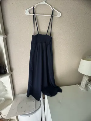 Smocked Bodice Wide-Leg Jumpsuit in Navy thumbnail 3