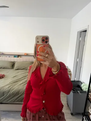 BCBGMaxAzria Vibrant Red Ruffle-Trim Cardigan thumbnail 5
