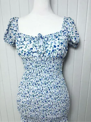 wild‎ fable White & Blue Smocked Midi Dress with Puff Sleeves Size XS thumbnail 2