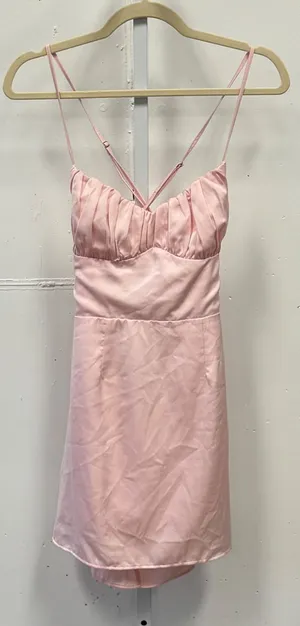 Beginning Boutique Pink Satin Mini Dress Ruched Bust Cross Back USA 6 AUS 10 thumbnail 1
