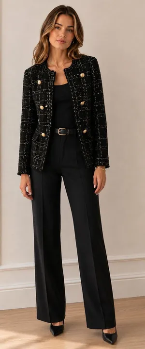 NWT Sioni Bouclé Knit Cardigan Jacket Black Gold Plaid Buttons Med Old Money thumbnail 1