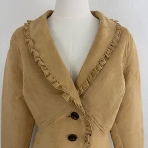 FADED GLORY Y2K Tan Blonde Faux Suede V Neck Ruffle Trim Button Up Blazer Jacket thumbnail 2