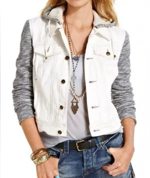 Free‎ People Knit Sleeve & Knit Hood Distressed White Denim Jean Jacket Size XS thumbnail 1