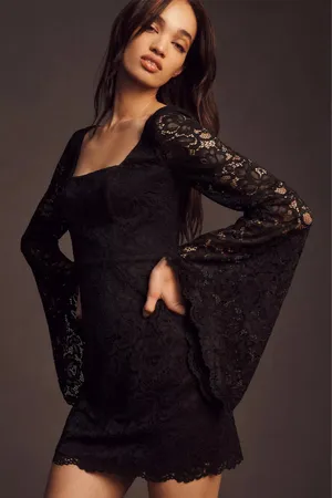 BHLDN Belle Long Sleeve Square Neck Lace Mini Dress Black Medium NWT thumbnail 1