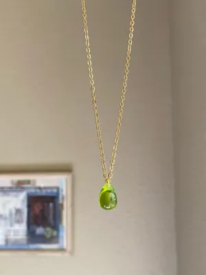Handmade olive teardrop Czech glass simple minimalist gold chain necklace💚 thumbnail 2