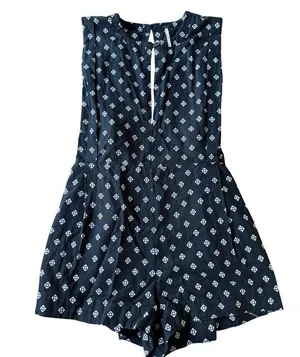 Free People Romper Ashley Black White Diamond Boxy Linen Blend XS thumbnail 3