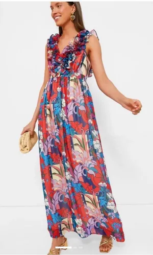 Tuckernuck Red Multi Floral Ruffle V-Neck Maxi Dress thumbnail 1
