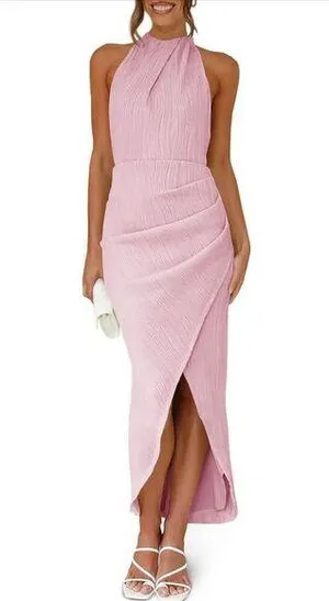 NEW Pink Halter Neck Slit Textured Backless Sim Fit Ruched Maxi Dress XL thumbnail 1