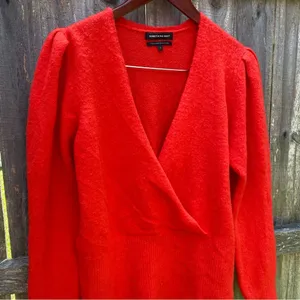 NWT Something Navy Red Alpaca Blend V-neck Puff Sleeve Sweater thumbnail 6