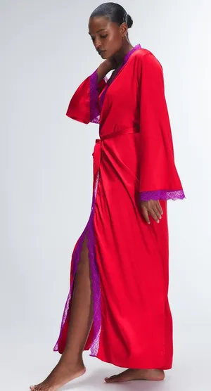 Savage‎ X Fenty Timeless Red Satin Robe with Purple Lace Trim large thumbnail 1