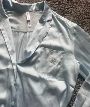 For Love & Lemons Light Blue Satin Pajama- Button-Front Top & Shorts thumbnail 4