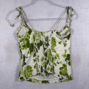 Reformation Green Floral‎ Tie Strap Smocked Back Viscose Cami Top Size 8 thumbnail 9