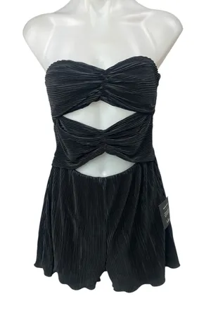 NEW Lulus Black Strapless Tube Bandeau Cutout Pleated Plisse Romper Shorts Sz S thumbnail 1