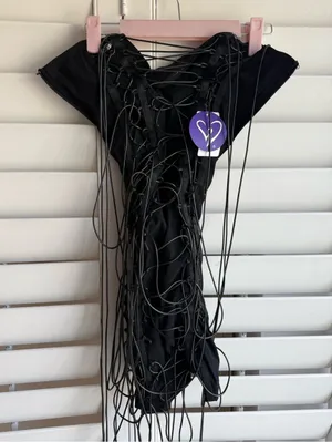 Windsor Black Lace-Up Fringe One-Piece Body con mini dress sz S thumbnail 1