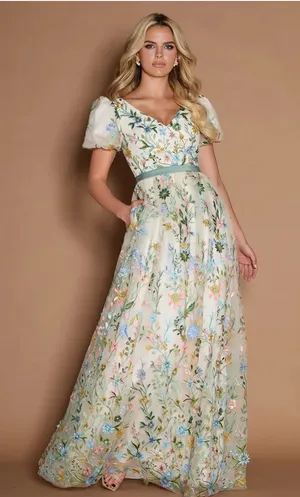 Azazie Cream Maxi Dress with Multicolor Floral Embroidery thumbnail 1
