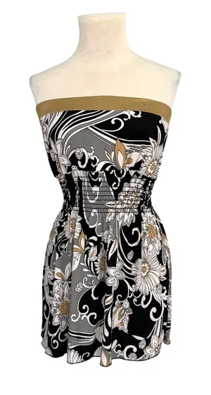 MKM Designs Women's Strapless Floral Paisley Smocked Y2K Top Black Gold‎ Medium thumbnail 1