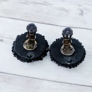 Vintage Clip On Earrings Large Black 1.25" Beaded Circle - One Damaged thumbnail 7