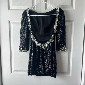 Alyce Paris Black Sequin Open Back Prom Mini Dress Formal Size 0 Flaws thumbnail 4