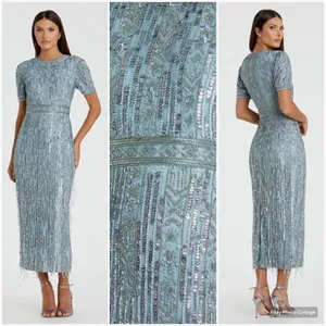Mac Duggal 5980 Blue High Neck Short Sleeve Crystal Fringe Column Dress thumbnail 2