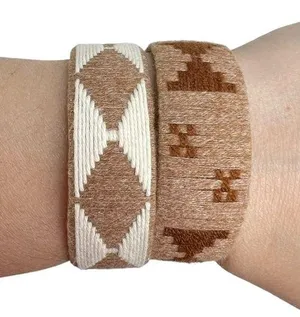 Brown & White Yarn Wrapped Aztec Native Pattern Cuff Bracelets thumbnail 2