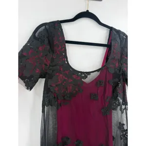 Tracy Reese Mesh Floral Midi Dress S Black Burgundy Gothic Whimsigoth Dark Moody thumbnail 4