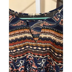 Entro Navy Blue Boho Floral Paisley Bell Sleeve Lace Accent Tunic Top Dress L thumbnail 2