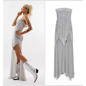 ZARA x BARBIE MATTEL Silver Sequined Tulle Long Maxi Dress Gown Size M NWT thumbnail 2