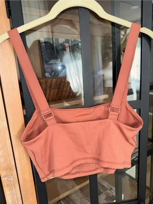 Aerie real me sports bra long line top crop workout ribbed rust twilight square thumbnail 4