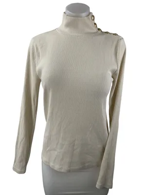 J.Crew Womens Cream Rib Knit Gold Button Turtleneck Long Sleeve Sweater Top Sz M thumbnail 1