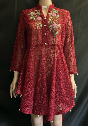 Embroidered Red Lace Fit-and-Flare Women's Dress MD thumbnail 1