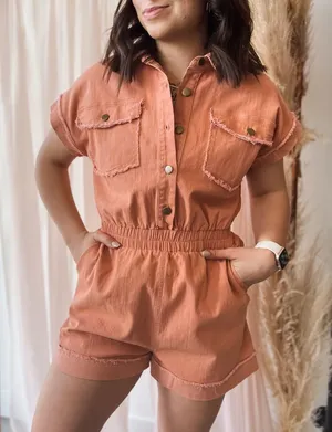 Sadie & Sage Clear Eyes Denim Romper Coral Pink‎ NWT Size S thumbnail 1