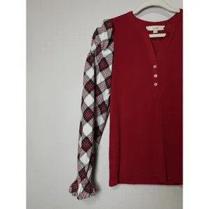 LOFT Women’s Ribbed Henley Red Plaid Mixed Media‎ Puff Shirred Ruffle Sleeves S thumbnail 8