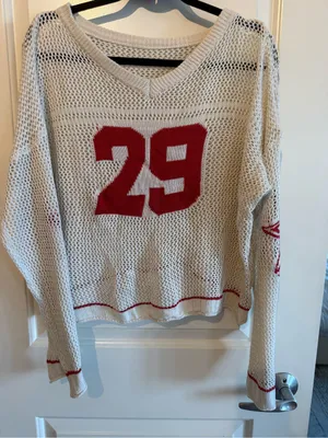 Off-Shoulder Cream Knit Sweater with Red Number Detail thumbnail 2