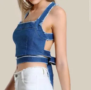 Hot & Delicious Denim Cropped Tank Top Medium Blue Chambray Criss Cross Back Tie Sexy Tie Boho thumbnail 1
