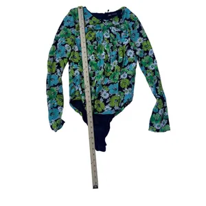 NWOT. Zara Draped Floral Blue Green Long Sleeve Cut Out Bodysuit M thumbnail 5