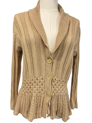 Chaps Petite Cable Knit Peplum Cardigan Boho 100% Cotton Shawl Collar Tan P/L thumbnail 1