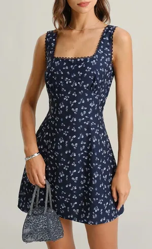 Rihoas Navy Floral Square Neck Slip Mini Dress thumbnail 1