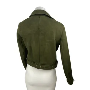 Zara Women's Green Faux Suede Belted Full Zip Crop Moto Biker Coat Jacket Size M thumbnail 4