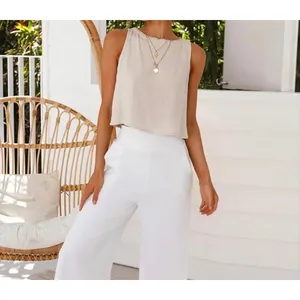 NWT Womens Linen Crop Tank Top Beige Sleeveless Button‎ Back Beach Summer Med thumbnail 3