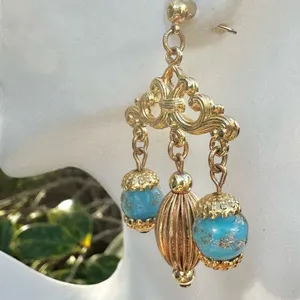 Gold tone and blue beaded vintage earrings thumbnail 4
