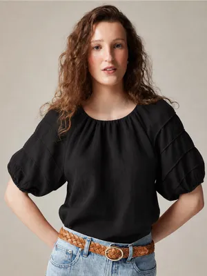 J. Crew Black Puff Sleeve Ramie Top Size Medium thumbnail 1