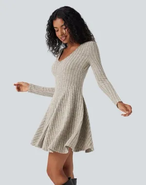 HALARA Ribbed Knit V Neck Long Sleeve Flare Mini Casual Dress NWT Size Small thumbnail 1