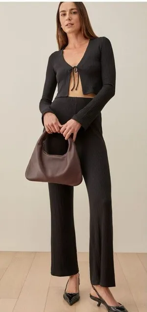 Reformation Mirabel Ribbed Hi Rise‎ Stretch Straight Leg Lounge Black Pants XS thumbnail 1