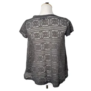 American Eagle Crochet Sheer See Though Top Size S Gray BOHO Lace Short Sleeve thumbnail 3